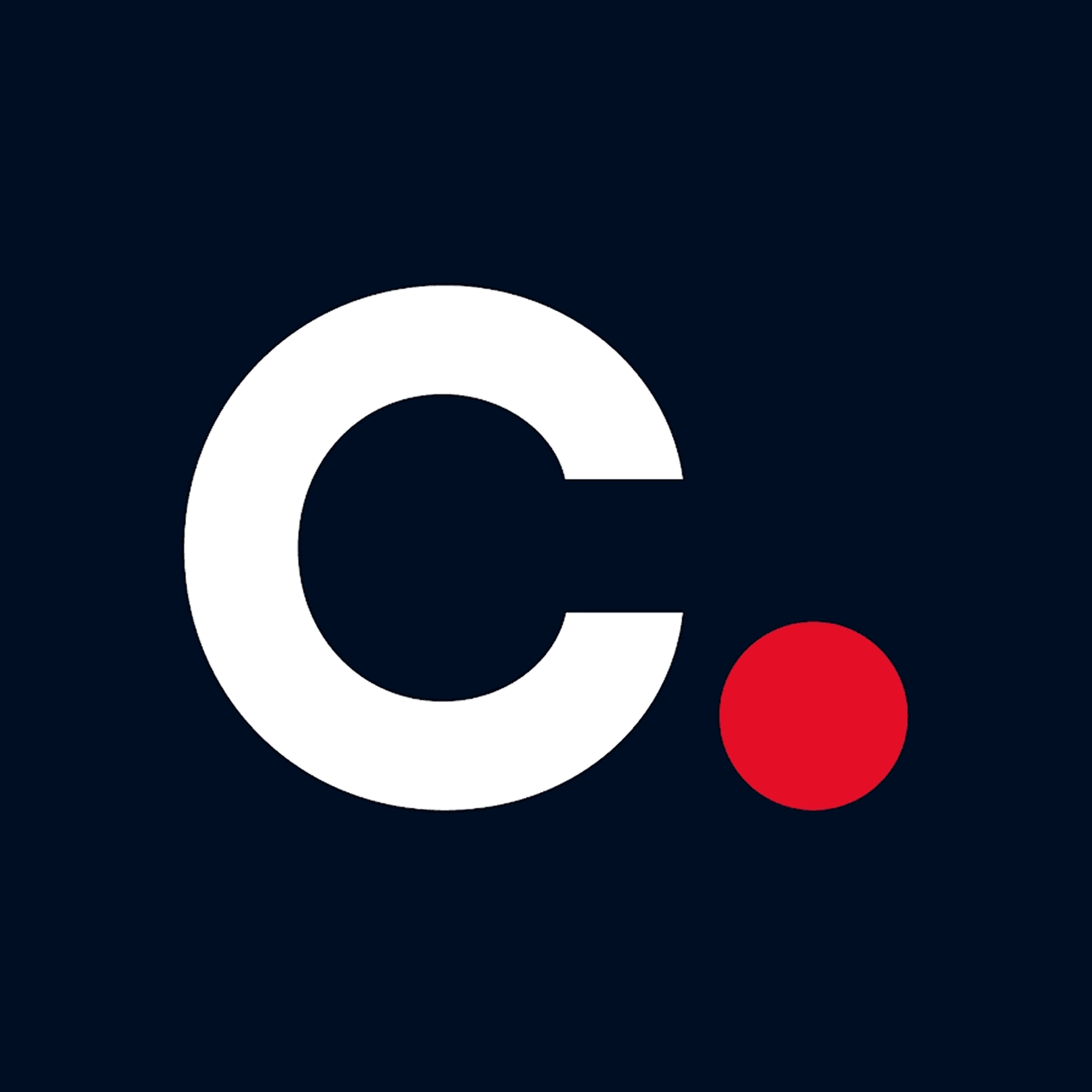 White "C" logo with red dot on dark background