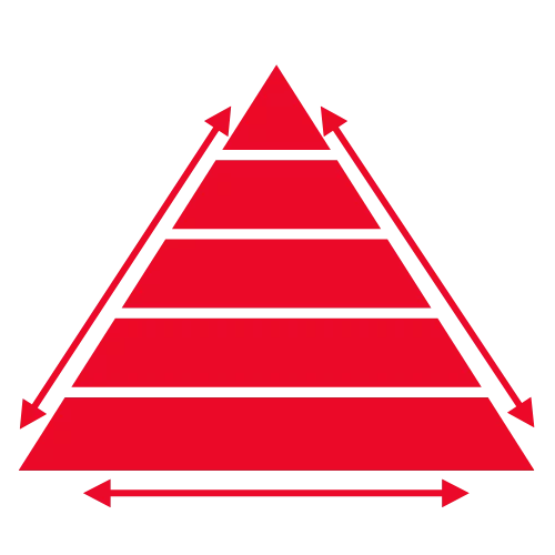 Red pyramid chart with arrows, hierarchy graphic