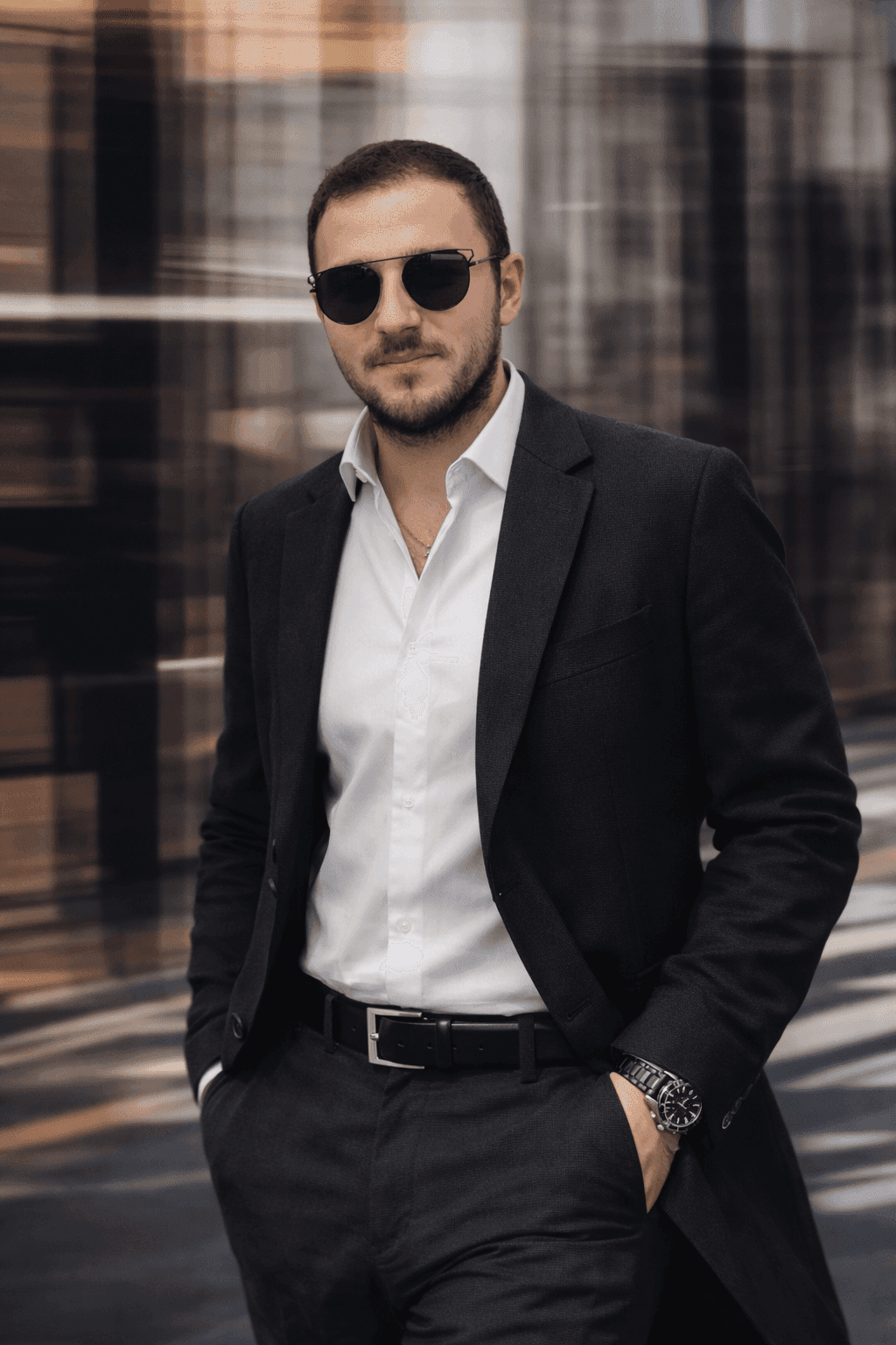 Filip Dimitrov, Founder of Buclarity, wearing a beige trench coat and sunglasses in an urban setting.