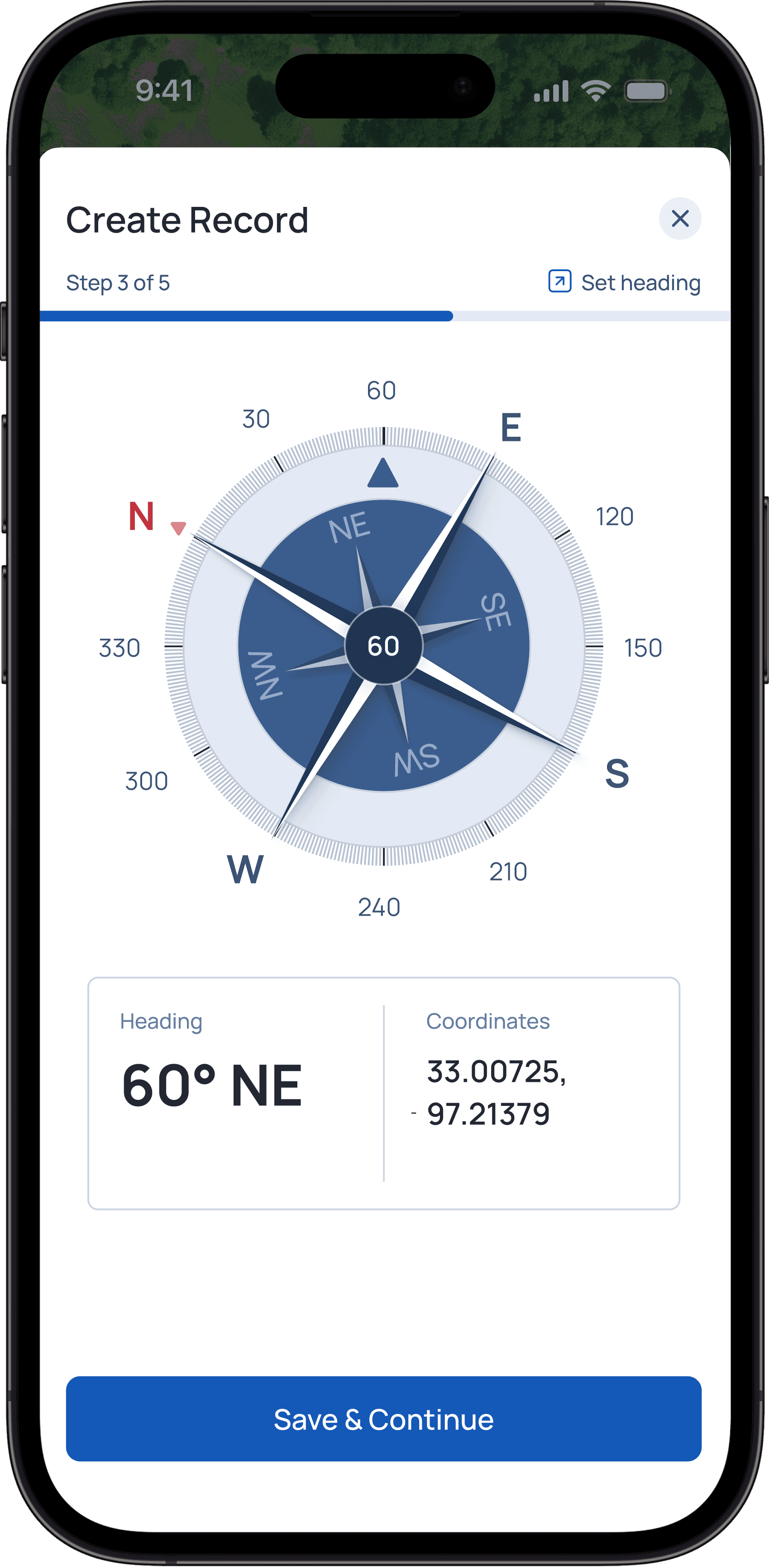 A smartphone displaying a compass interface for creating a record, showing directional indicators and a progress bar at the top labeled "Step 3 of 5."
