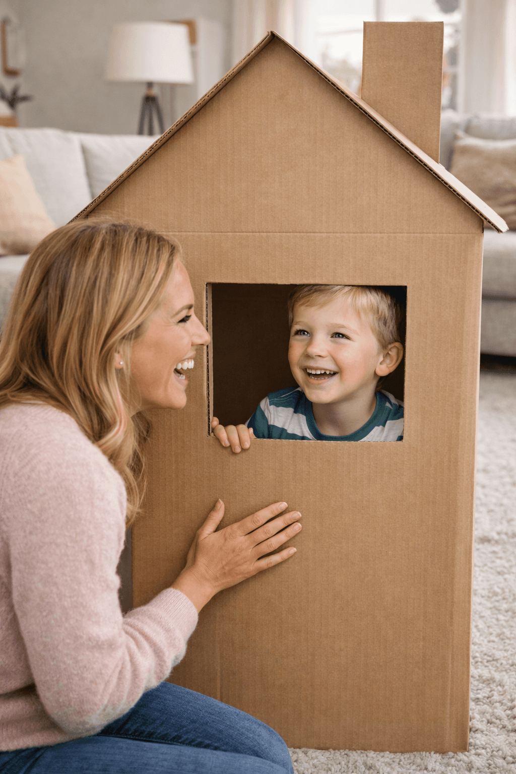 Glückliche Mutter spielt mit ihrem Sohn im Wohnzimmer ihres Eigenheims. Kind schaut aus einem Papphaus-Fenster, Symbolbild für Familie, Wohneigentum und Baufinanzierung.