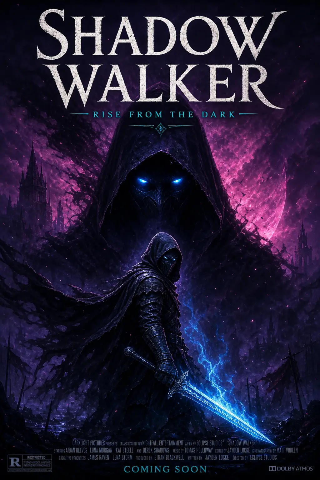 AI-generated dark fantasy movie poster featuring a hooded warrior with glowing blue eyes holding an enchanted sword beneath a shadowy figure.
