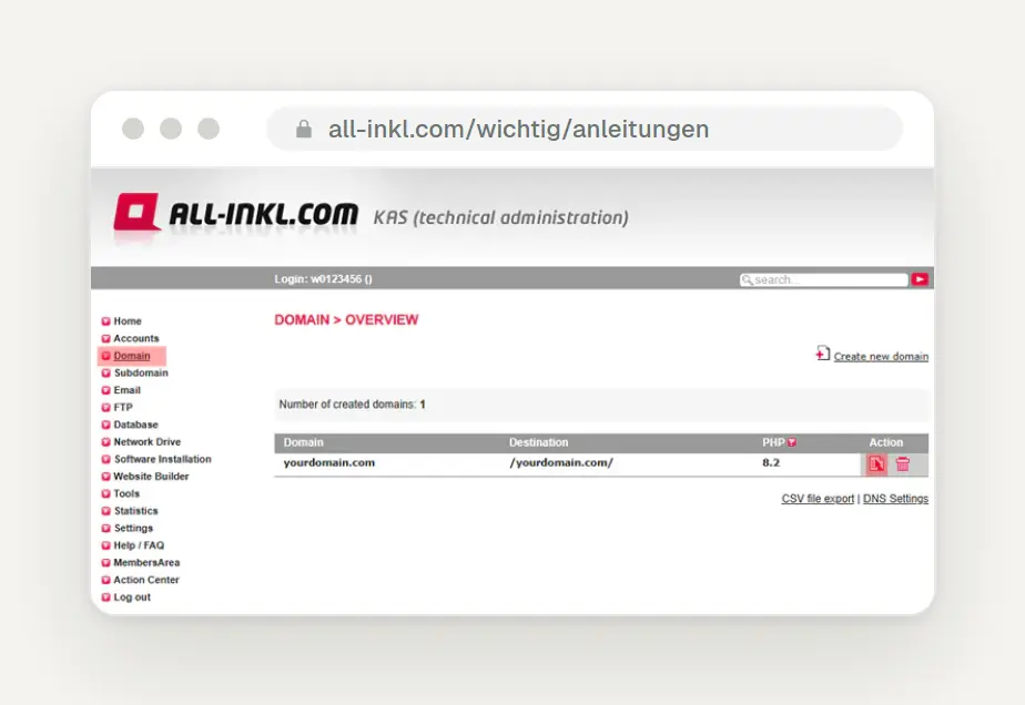 ALL-INKL KAS, English domain overview: The "PHP" column shows version 8.2; the edit icon is on the right