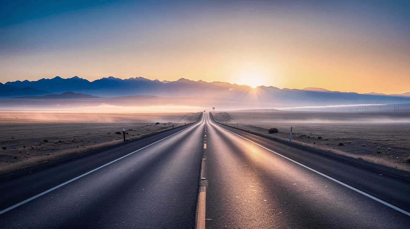 The image depicts a long highway stretching toward majestic mountains at sunrise, symbolizing a long-term journey filled with opportunities for wealth and financial security. This scene evokes the idea of traveling toward a prosperous future, where one can learn how to make a ton of money, potentially earning millions each year.