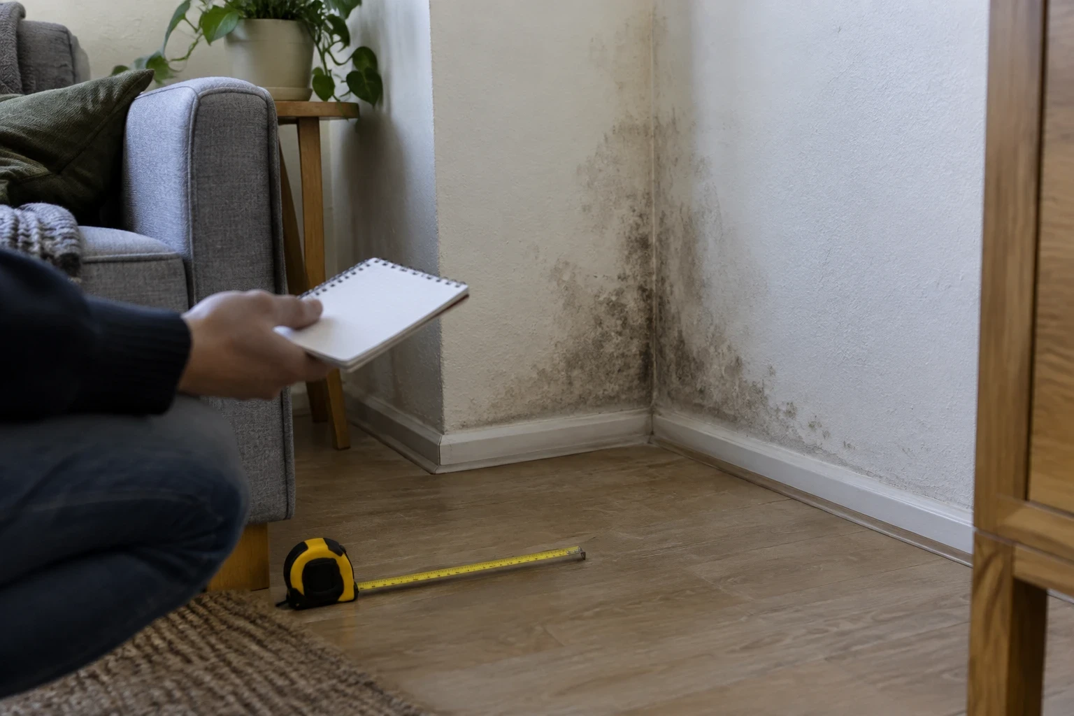 Angle d’un mur de salon avec une tache sombre qui monte depuis la plinthe, un mètre ruban posé au sol