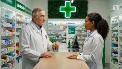 Un pharmacien expérimenté discute avec une jeune consœur à un comptoir d'officine moderne et bien achalandée, évoquant la transaction pharmaceutique.