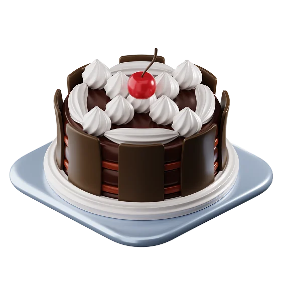 A layered chocolate cake with piped whipped cream swirls and a cherry on top.
