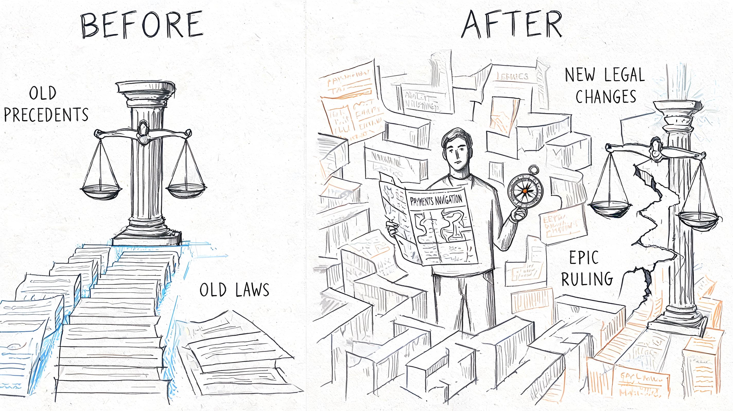A hand-drawn illustration contrasting old legal precedents and laws with new, complex modern legal changes and rulings.