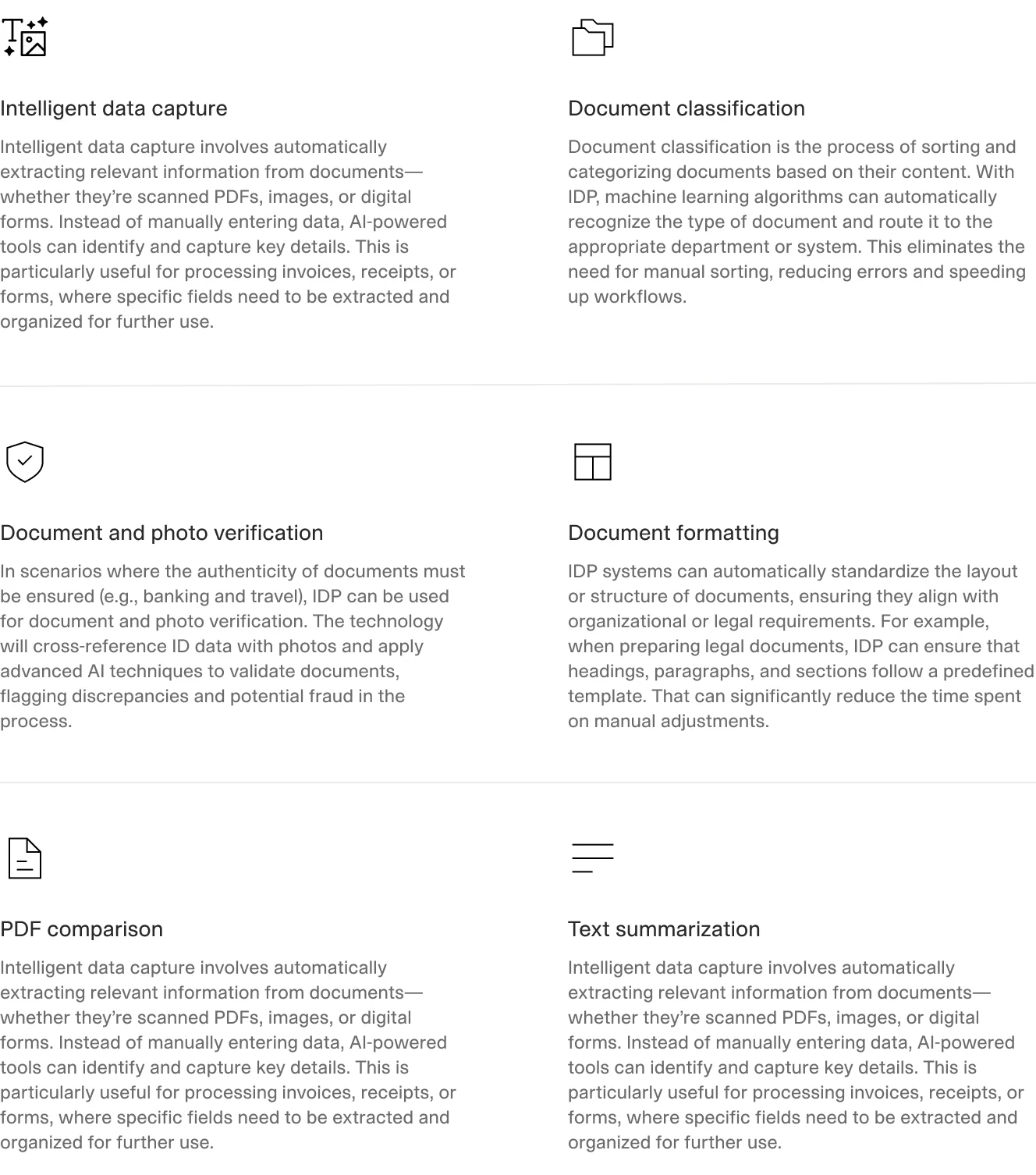 A grid of six blocks explaining different IDP capabilities, such as intelligent data capture, document classification, formatting, verification, PDF comparison, and text summarization.