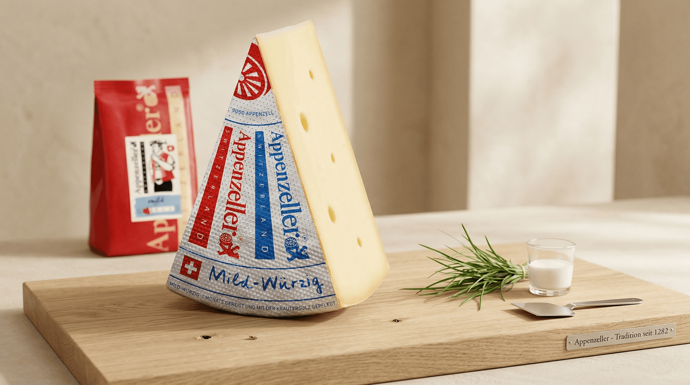 KI-Produktfotografie: Schweizer Sbrinz Käse mild-würzig auf Holzbrett mit Rosmarin – AI-generiertes Lebensmittel-Werbevisual