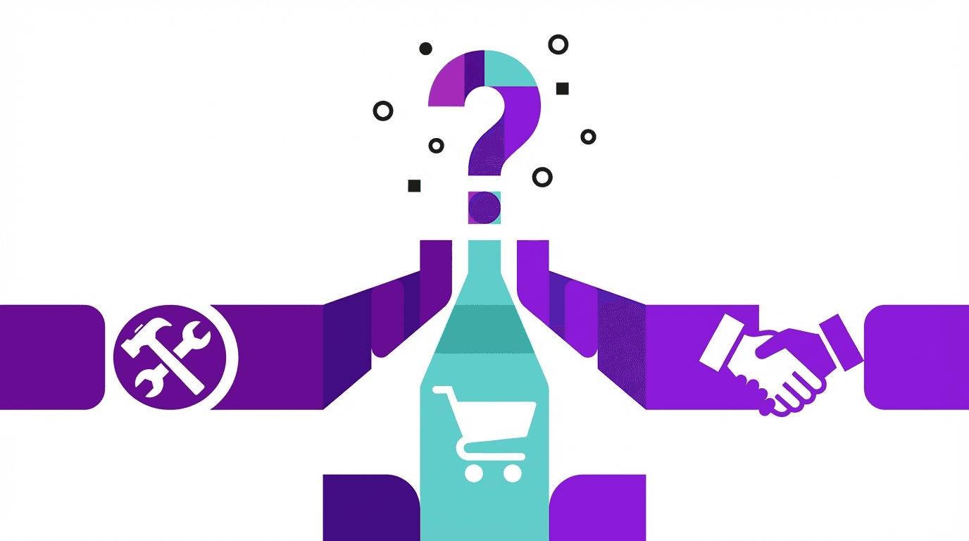 A graphic depicting a bottle with a question mark, flanked by shopping cart and heart icons, in vibrant colors.
