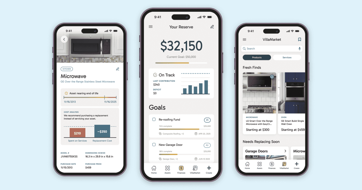 Three phone screens showing the VillaKeep app interface on a backgroud of a blurred kitchen scene.