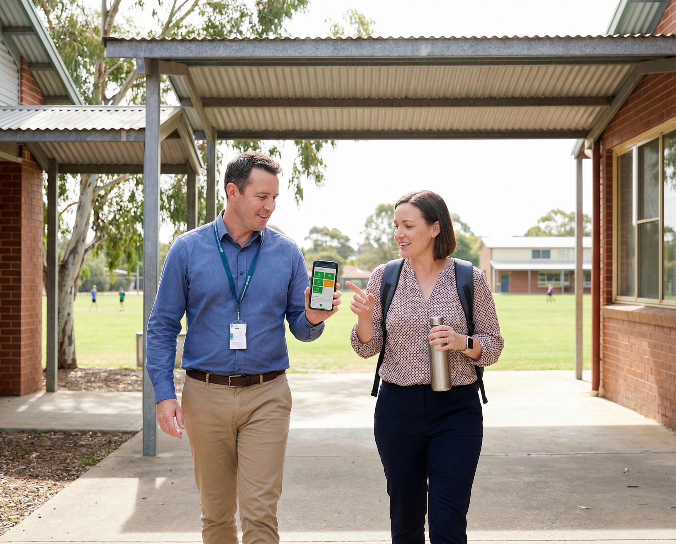 A deputy principal in his mid-40s and a WHS representative in her early 30s walking together along an outdoor covered walkway between school buildings during a lunch break, mid-conversation. He is holding a mobile phone. She is making a point about some content on the screen, gesturing with one hand while holding a water bottle in the other. Around them, the sounds and textures of a school at lunchtime are implied: a sports oval visible in the background, distant figures, the particular quality of light in an Australian school's outdoor spaces.