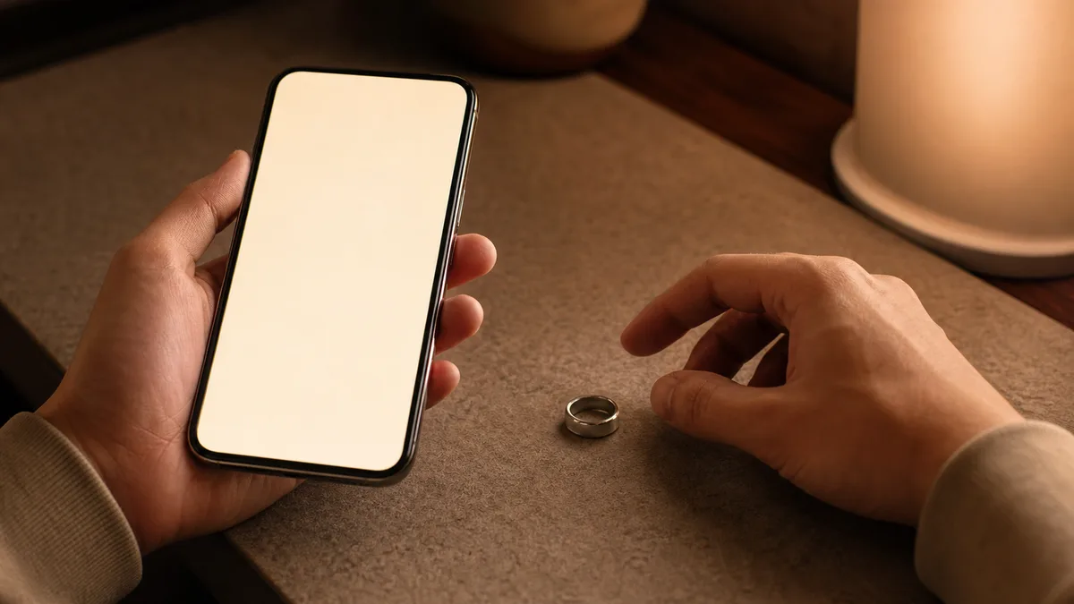 One hand holds a blank-screen phone while the other reaches for a nearby silver Zikr Ring