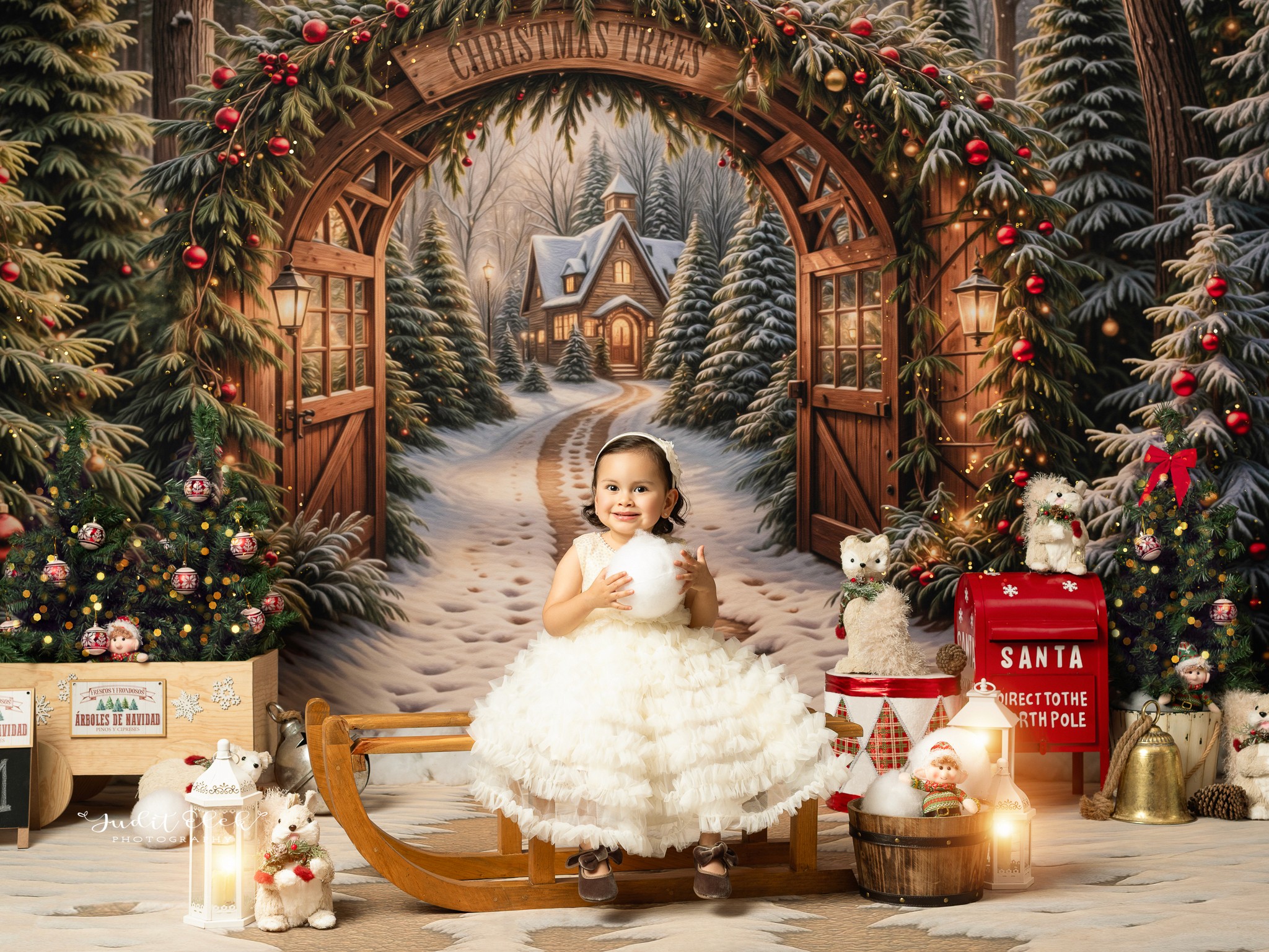 niña pequeña sonriendo en su sesión navideña en estudio profesional