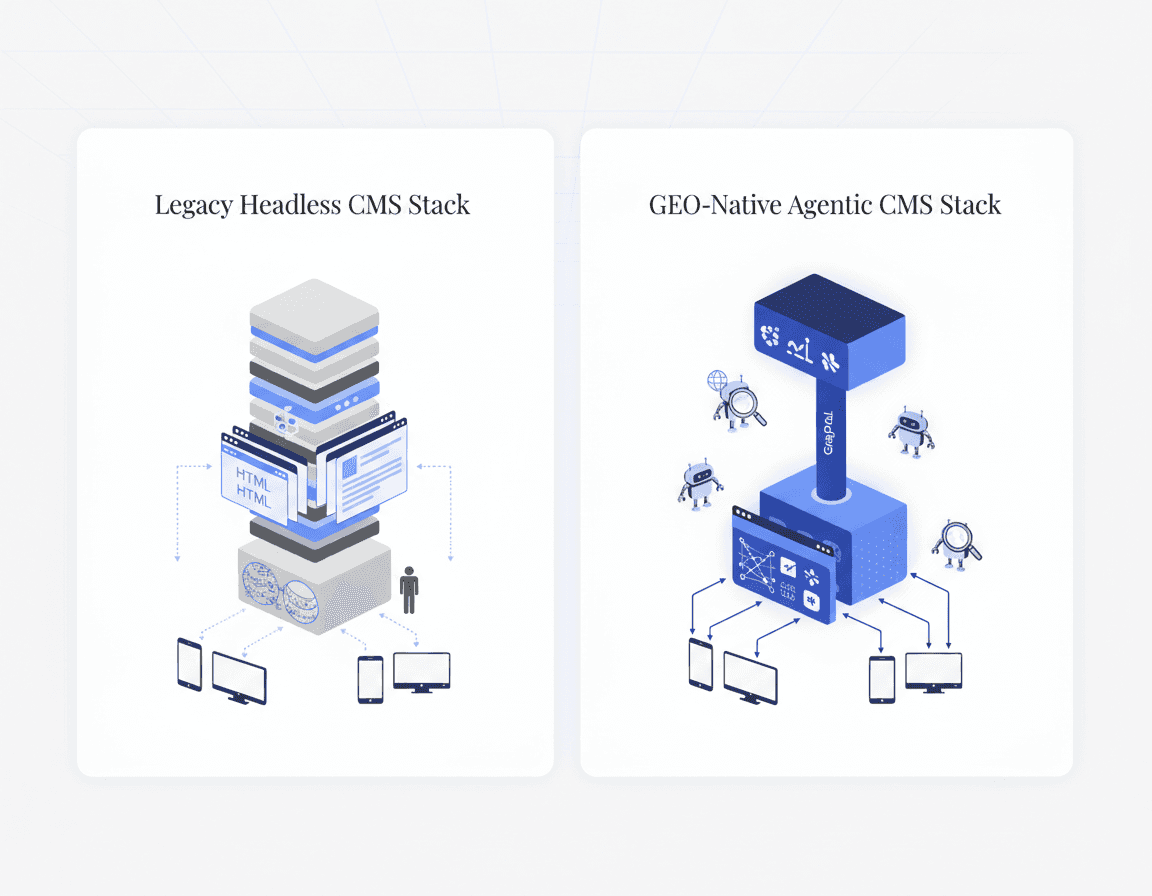 Side-by-side diagram contrasting legacy headless CMS with structured, agentic GEO-native CMS architecture