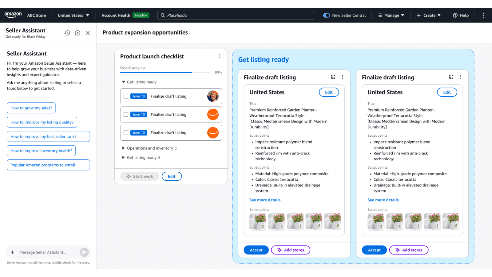 Amazon product listing launch dashboard