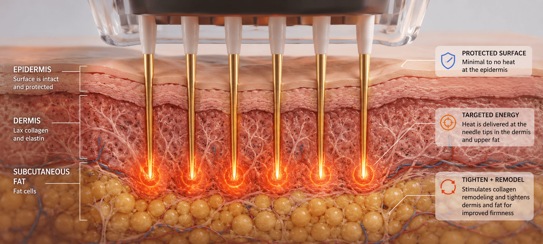 A 3D medical illustration demonstrating gold-tipped needles penetrating past the epidermis to release heat energy directly into the sagging dermis and fat cells, sparing the skin surface.