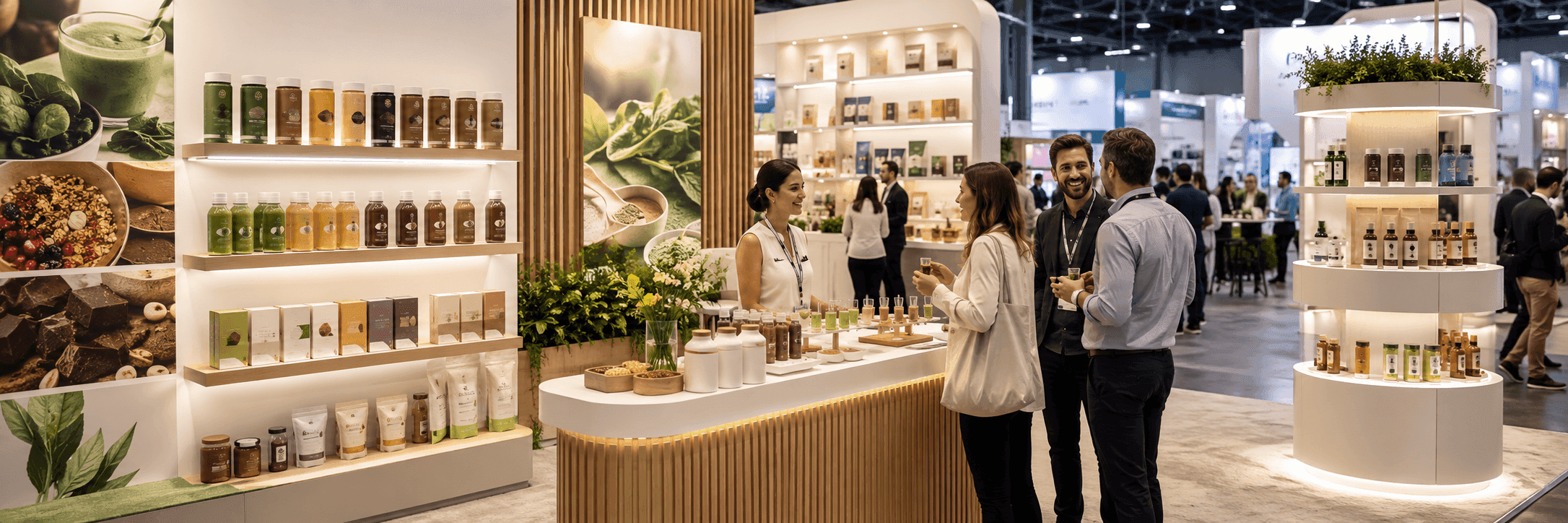 SupplySide functional food product display booth with packaging wall, sampling counter, brand graphics, and retail buyer flow