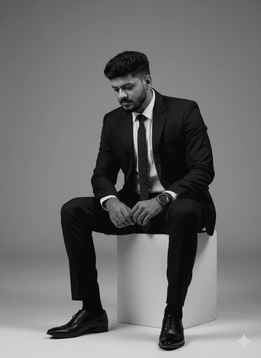 Man sitting at a desk typing on a laptop in a softly lit room, wearing a light-colored cap and casual clothing.