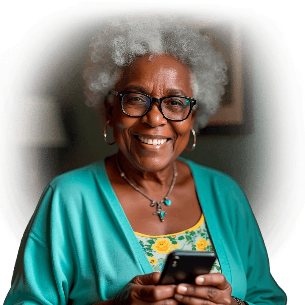 dona zuria -avó cuidadora no celular