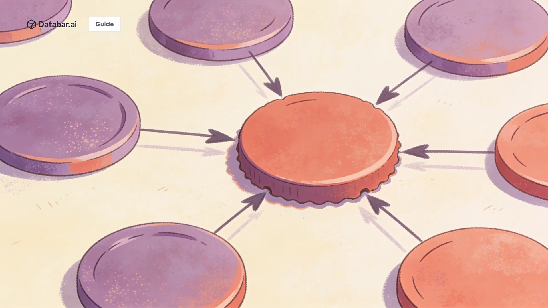 Illustration of scattered identical tokens drawn together and fusing into one thicker token — CRM Deduplication: Complete Guide to Finding & Merging Duplicate Records