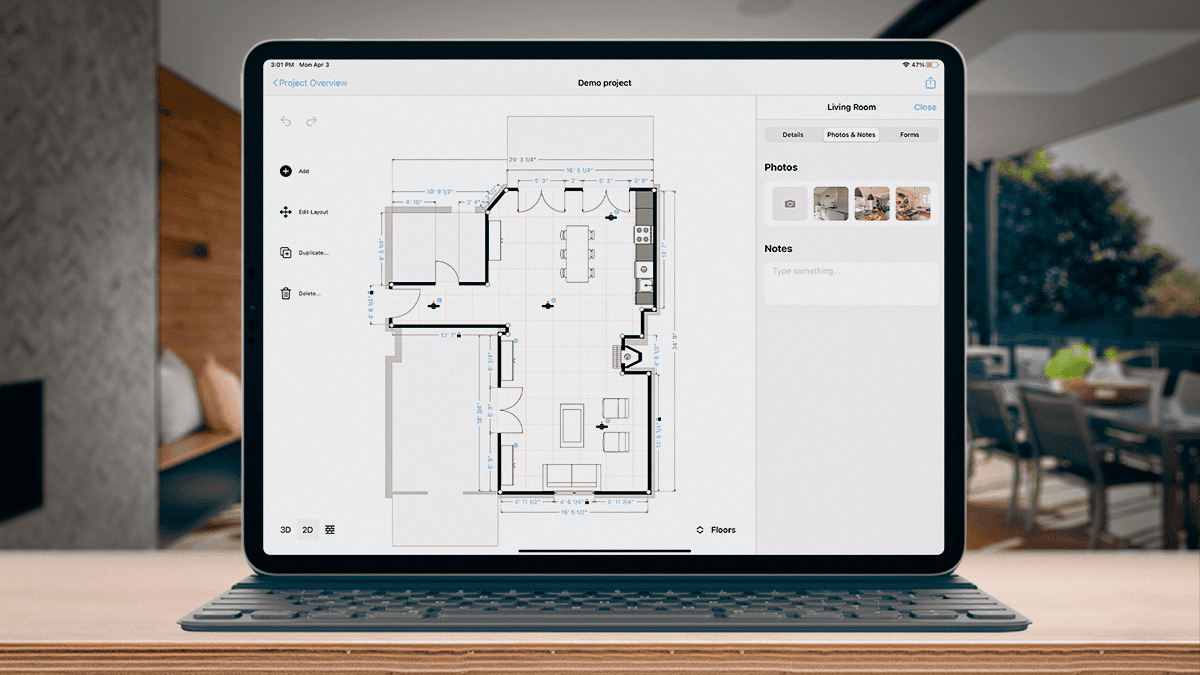 Digital floor plan displayed on a tablet placed on a table, used for property measurement and reporting.