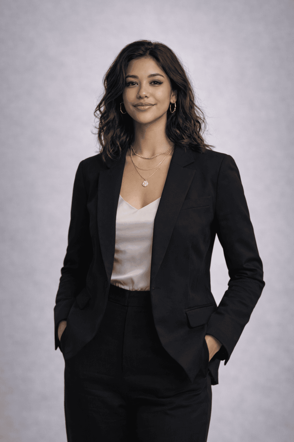 Professional woman with wavy dark hair wearing a black blazer and layered gold necklaces, standing against a neutral background.
