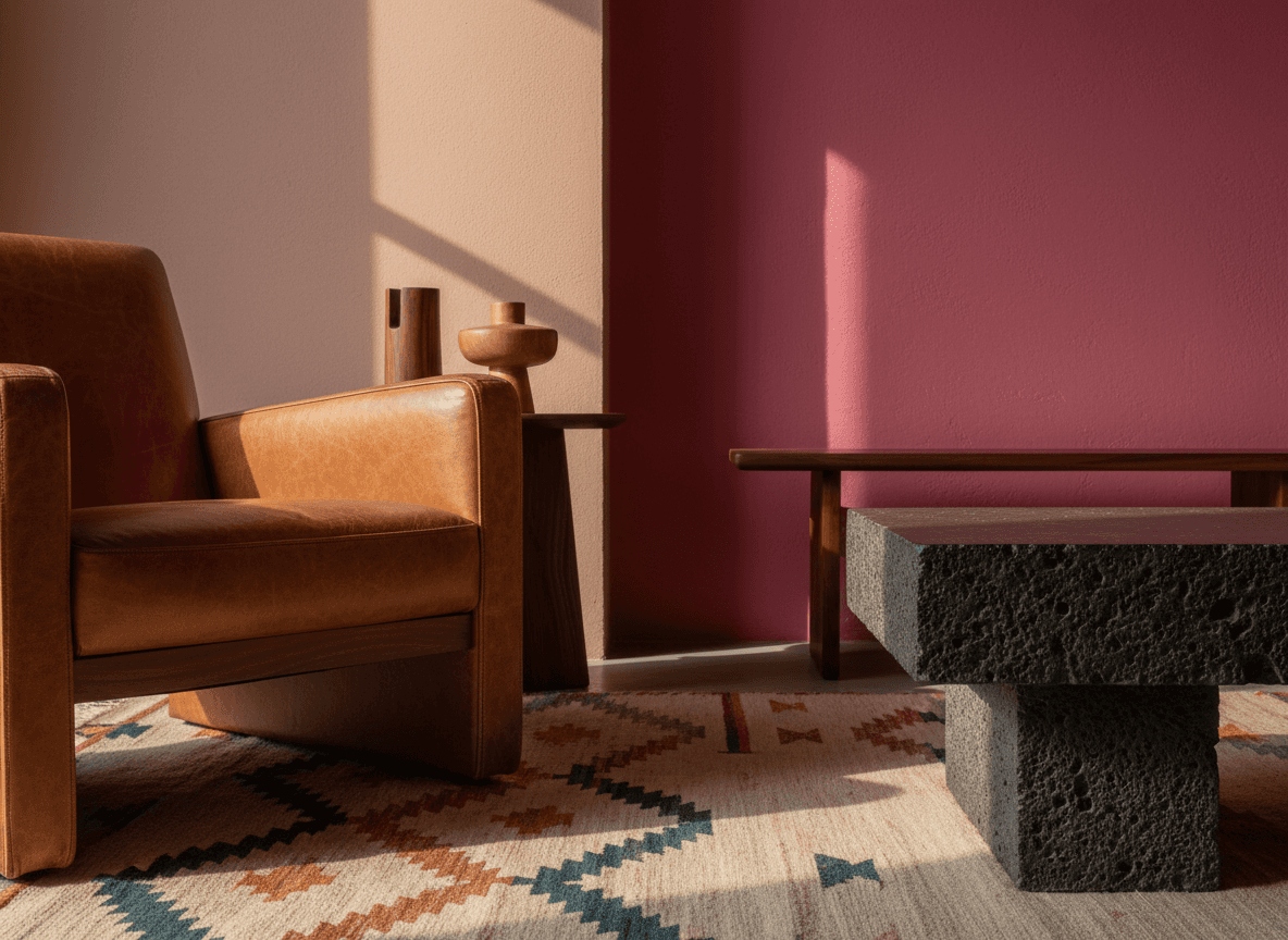 Living room corner with tan leather armchair, geometric rug, black stone coffee table, and pink accent wall.