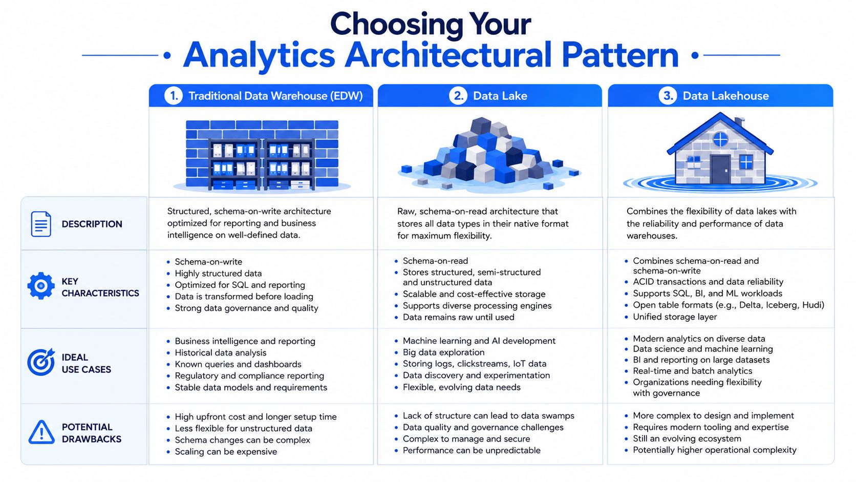 A comparison chart outlining the characteristics, use cases, and drawbacks of traditional data warehouses, lakes, and lakehouses.