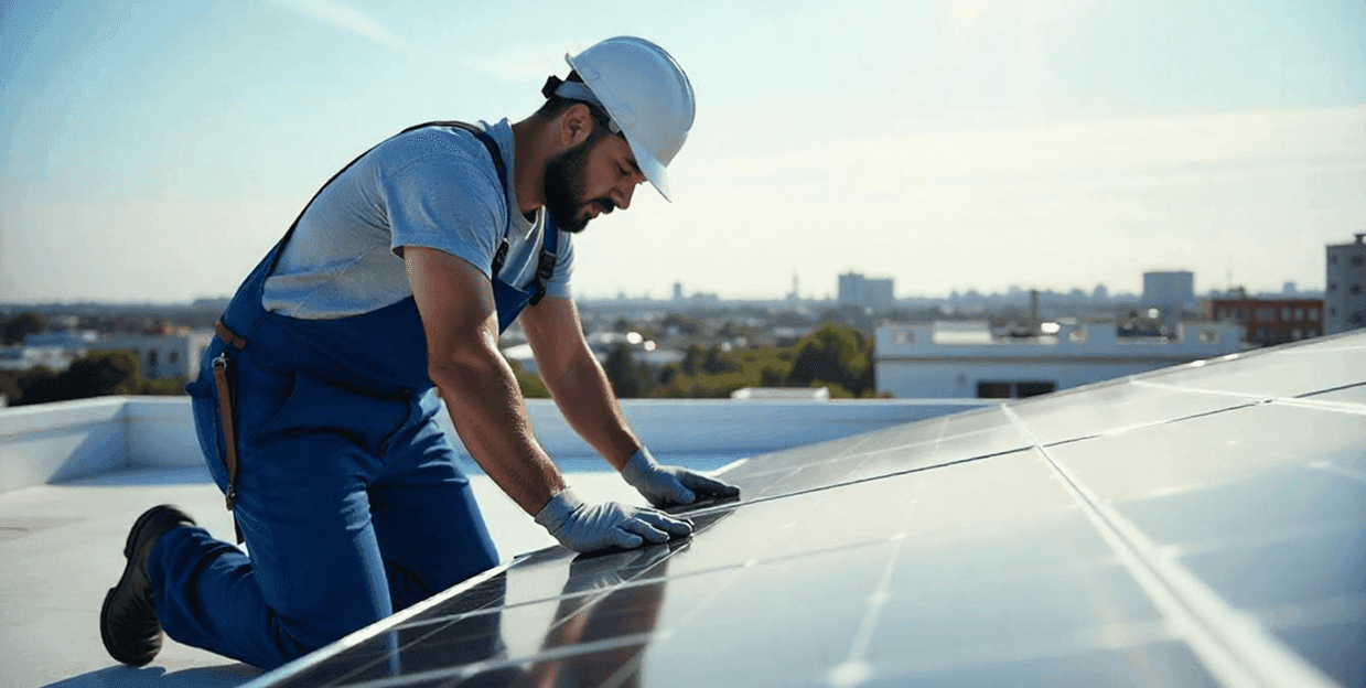 team-of-experienced-solar-technicians-reviewing-system-schematics-with-mcs-certification-badges-visible-on-uniforms-by-a-solar-care-company