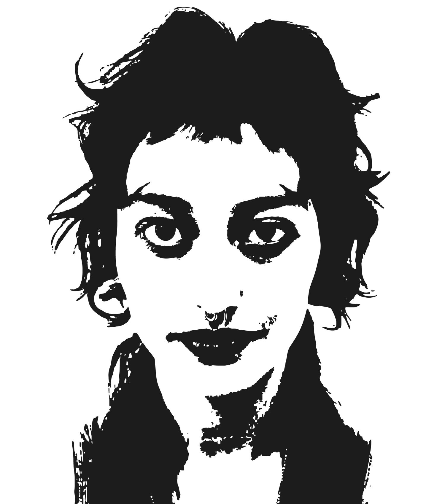 The image features a high-contrast, black and white illustration of a hair client, creating a dramatic and artistic effect.