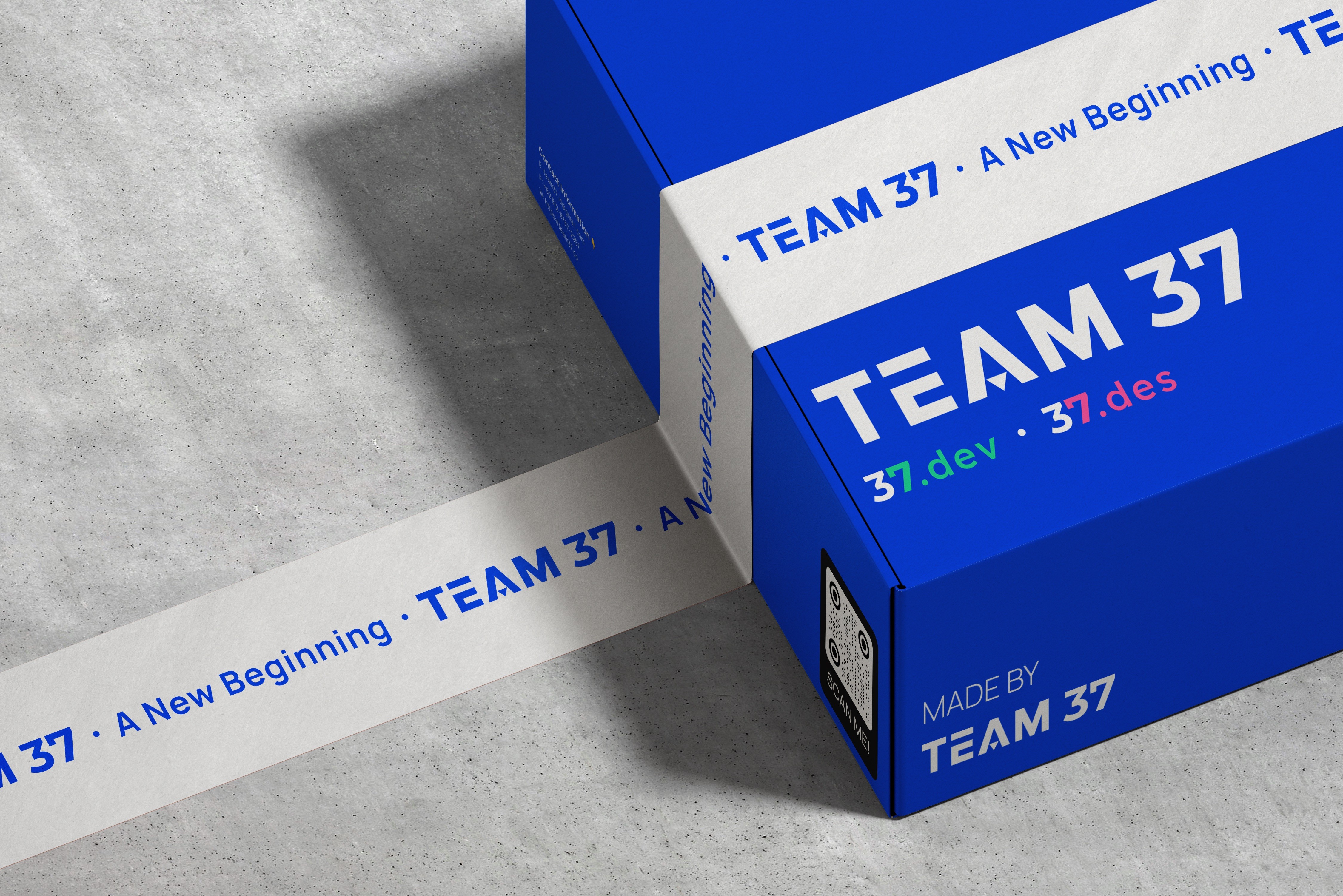 Team 37 dummy packaging with white and blue contrast