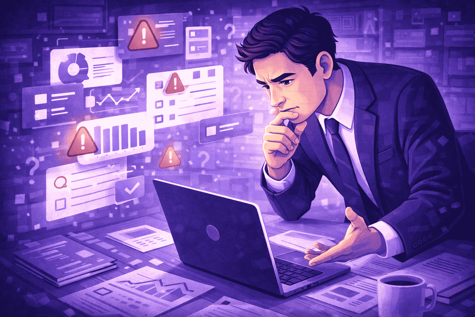 Thoughtful leader analyzing productivity data to understand gaps between perception and actual team performance