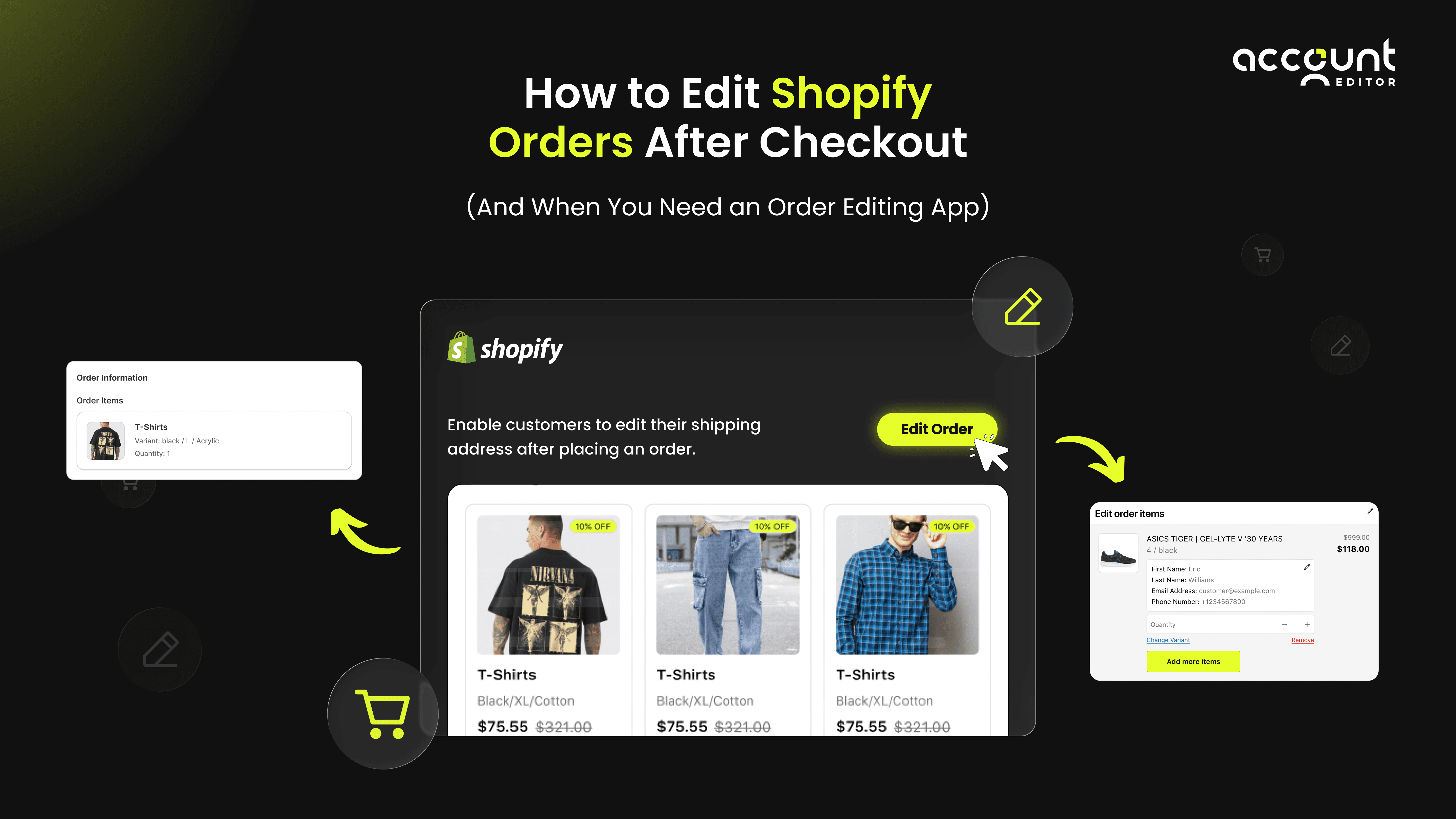 Visual example of order editing, variant changes, and address updates using an order editing app
