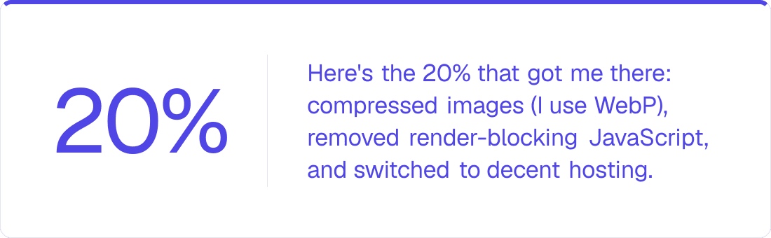 20% — Here's the 20% that got me there: compressed images (I use WebP), removed render-blocking
