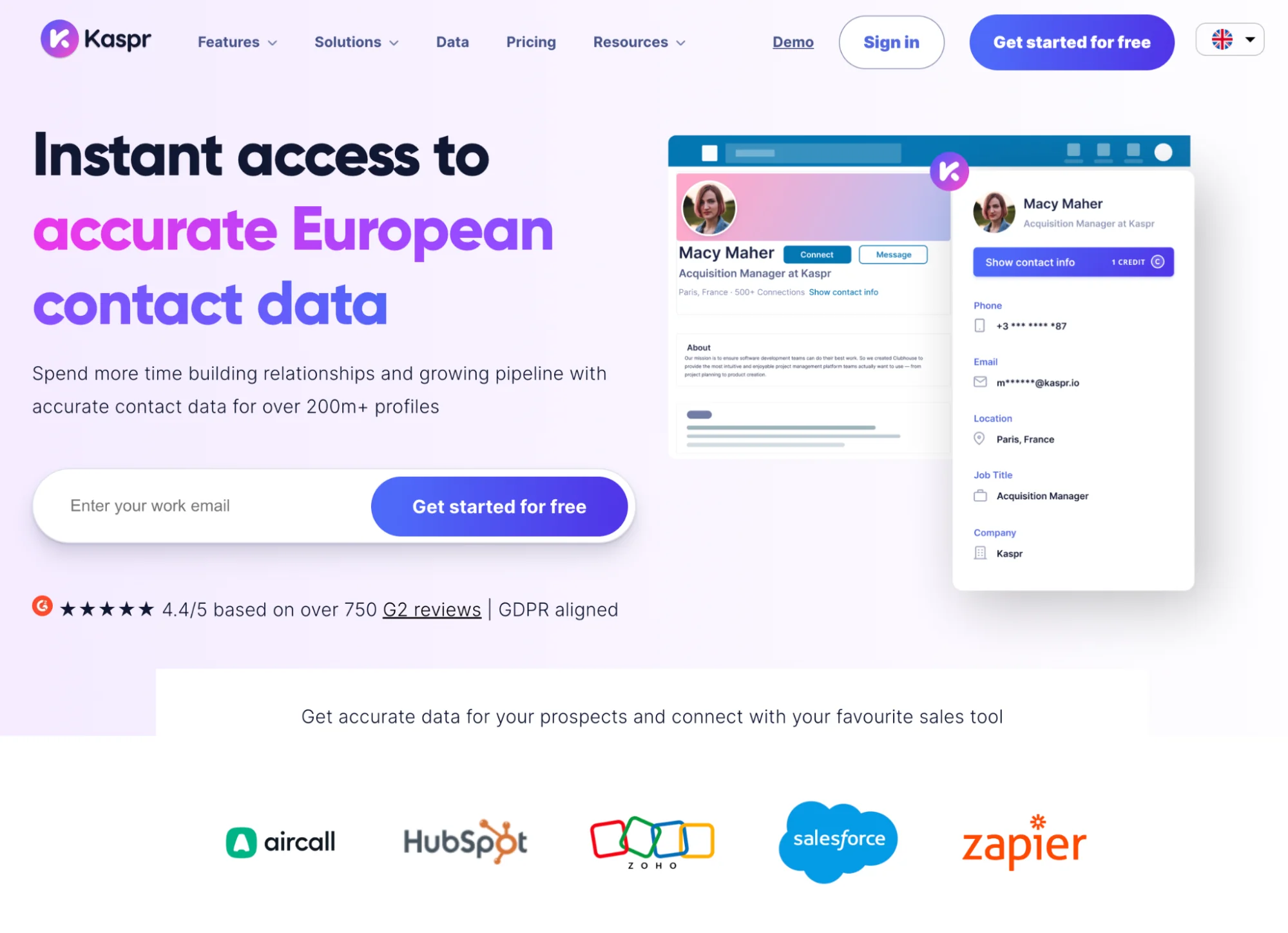 Kaspr homepage: LinkedIn contact data and B2B lead enrichment