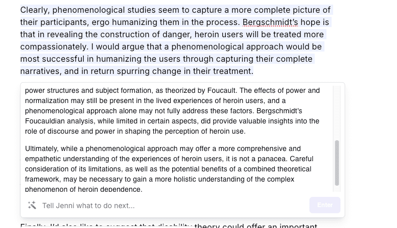 Screenshot of an AI tool proposing multi-sentence argument rewrites, illustrating prohibited drafting in summative thesis work.