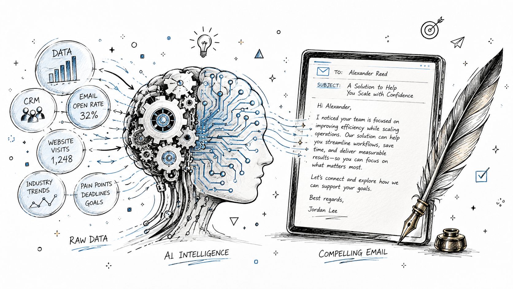A conceptual illustration showing raw data being processed by an AI brain into a personalized business email.