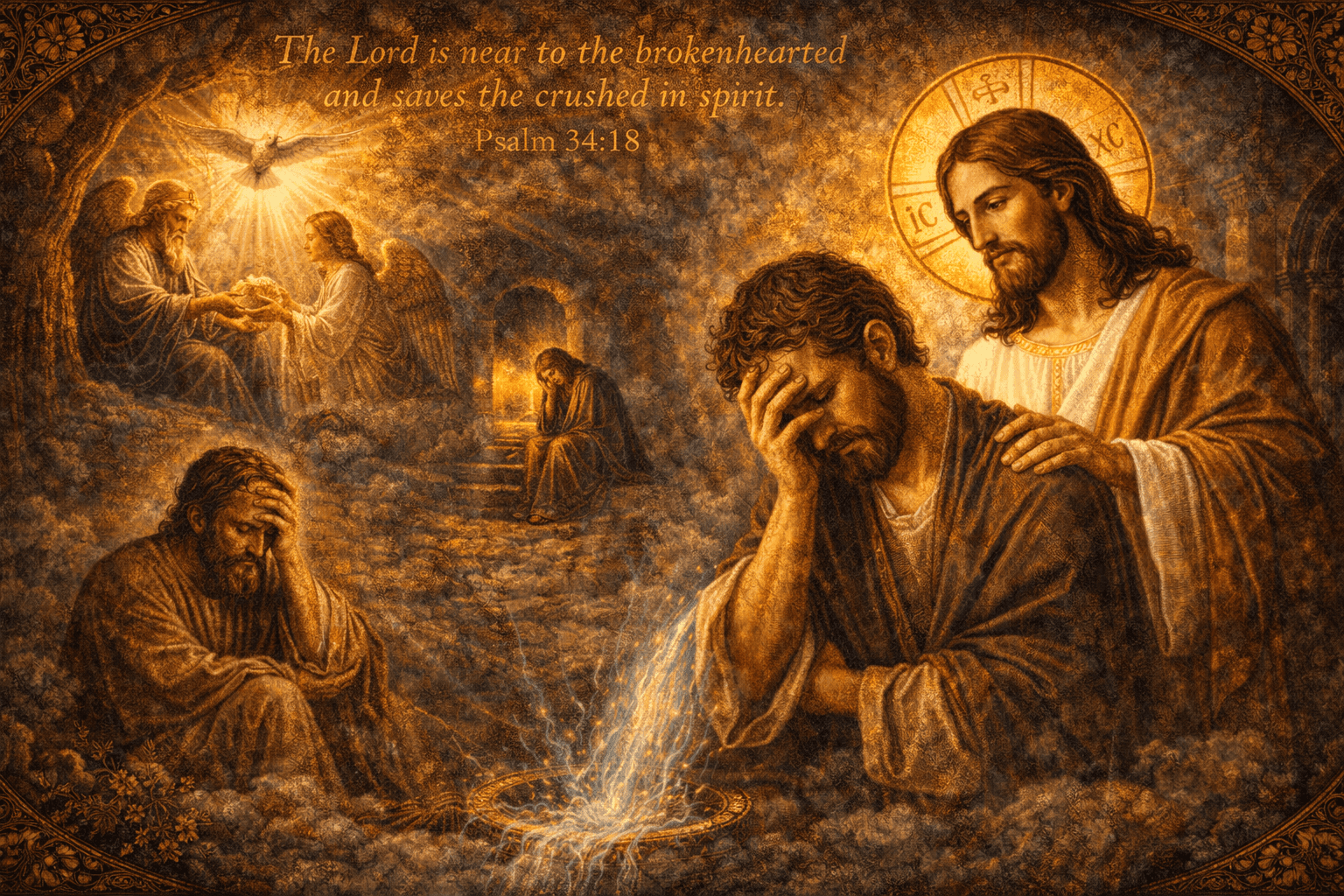 What does the Bible say about mental health Byzantine Christian image of Jesus comforting a distressed man, symbolising anxiety, depression, emotional suffering, hope and God’s presence.