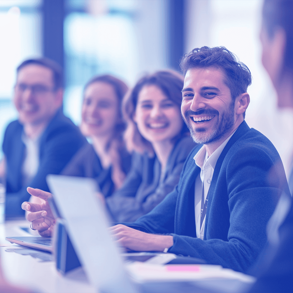 A photo of a man laughing at work