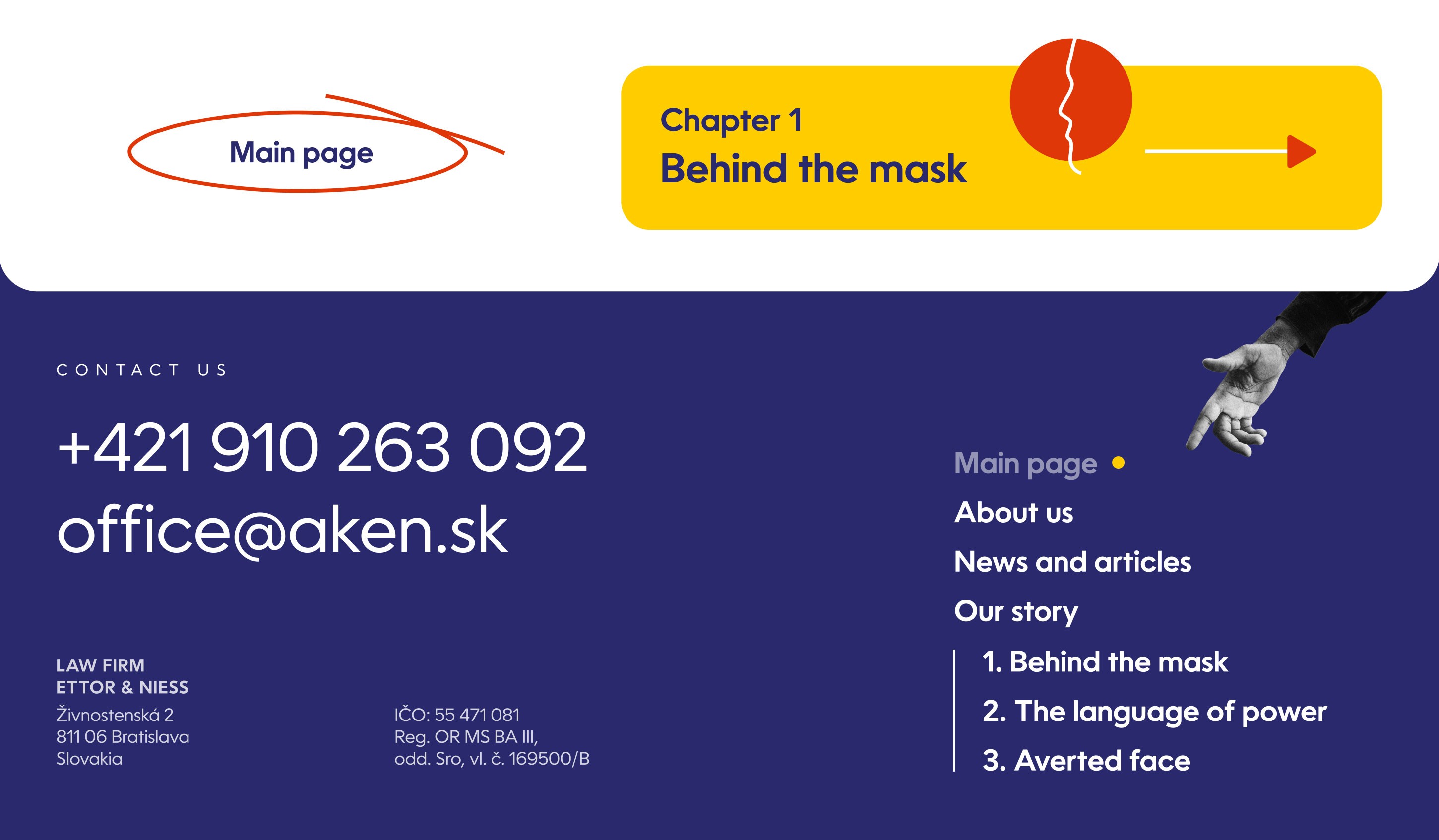 Screenshot from the Ettor & Niess website footer showing contact details, navigation, and chapter links