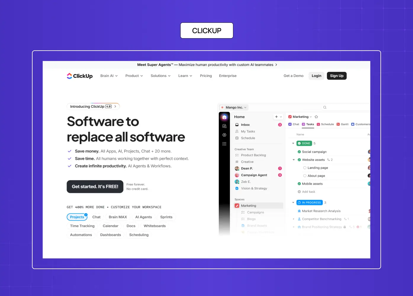 ClickUp landing page highlighting AI-powered productivity, task management, and collaborative workflows.