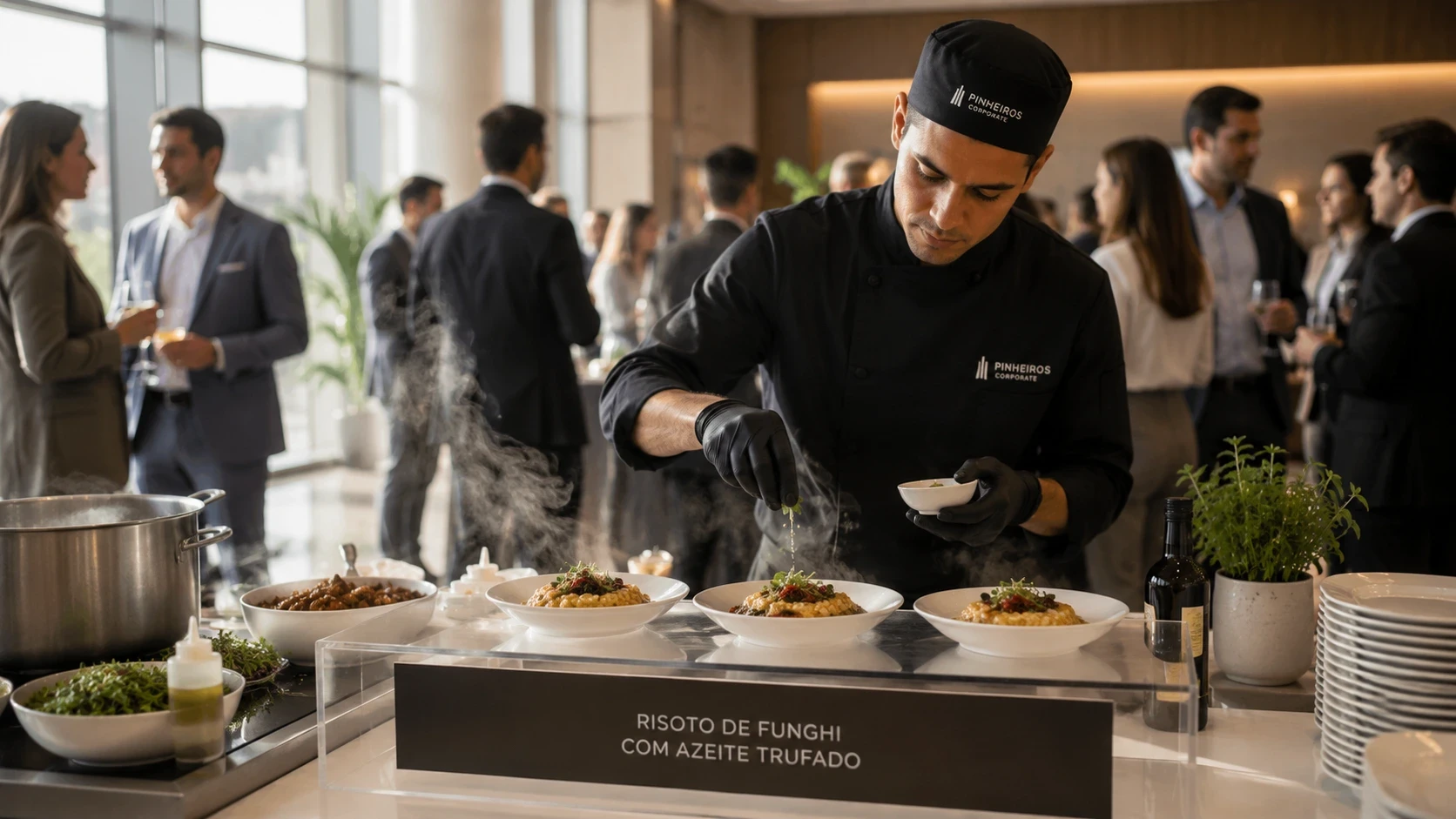 experiência sensorial em buffet empresarial inovador com estação ao vivo