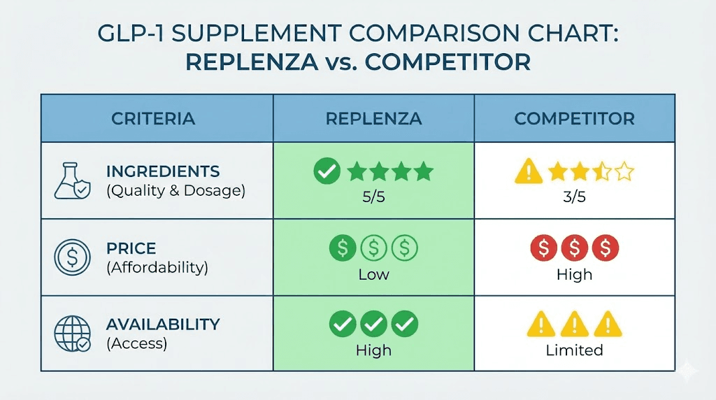 Replenza versus other GLP-1 support supplements comparison chart with ratings