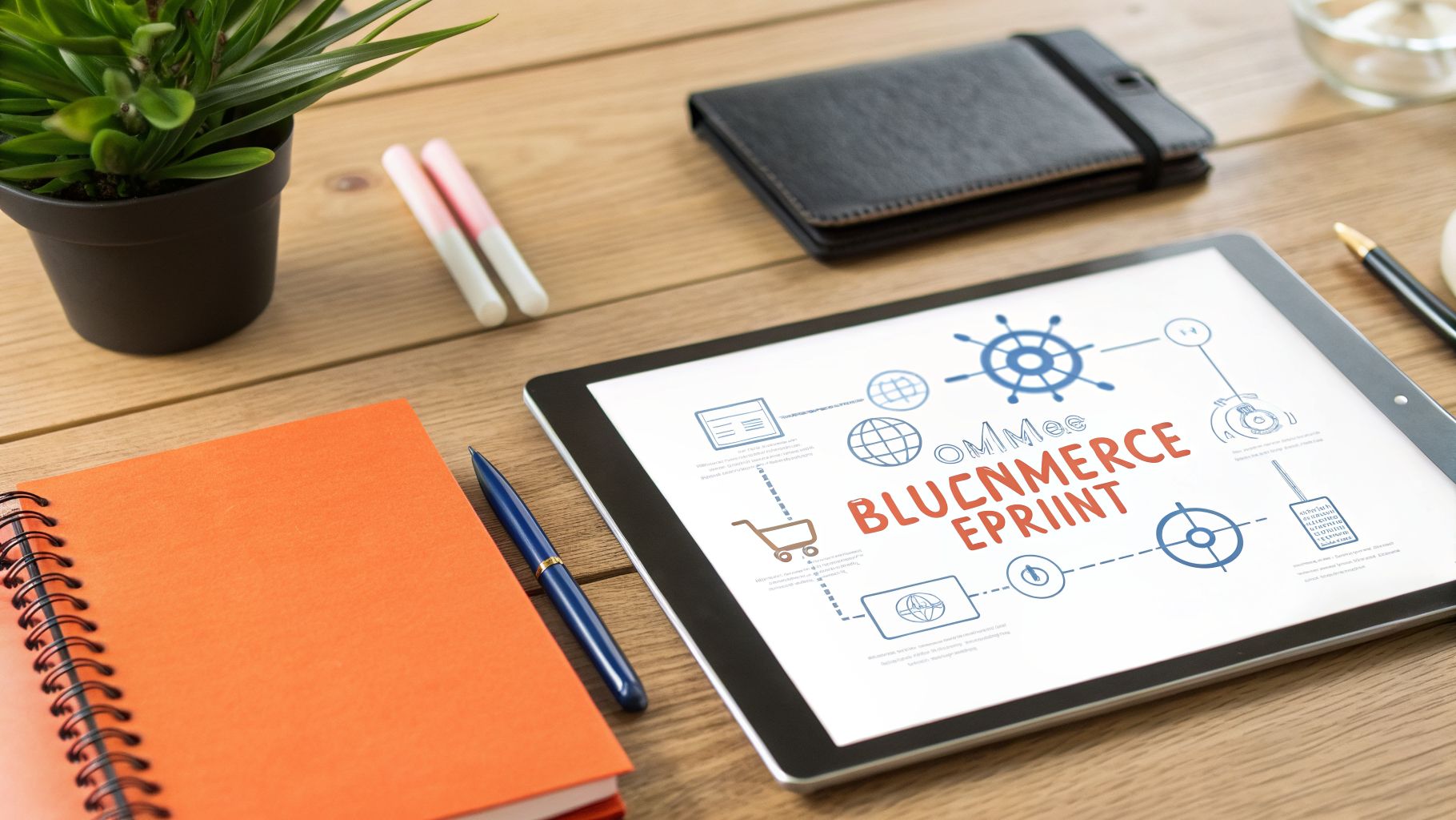 Flat lay of an office desk with a tablet displaying an e-commerce blueprint diagram.