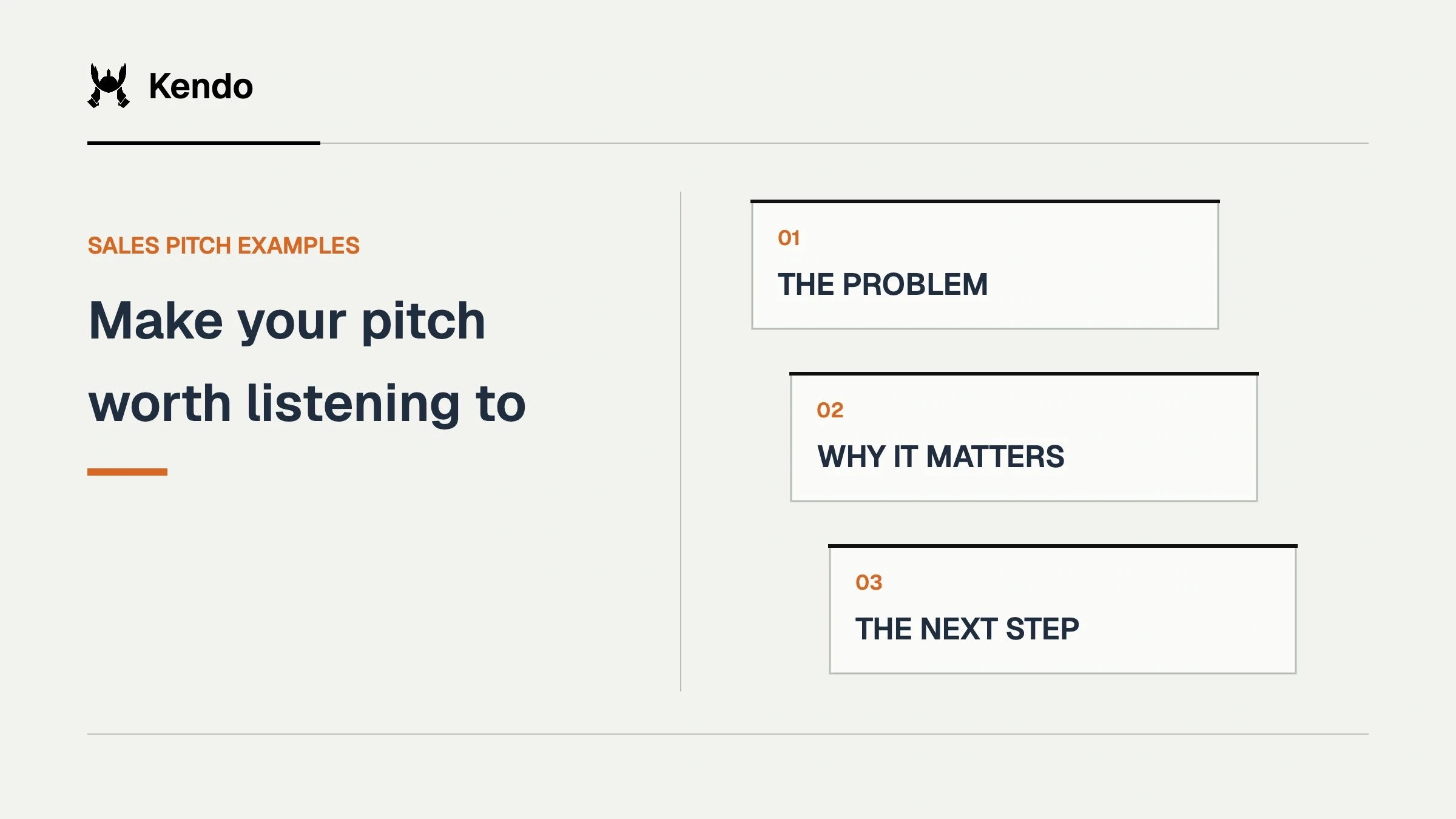 Make your pitch worth listening to. Three pitch cards build from the problem to why it matters and a next step.