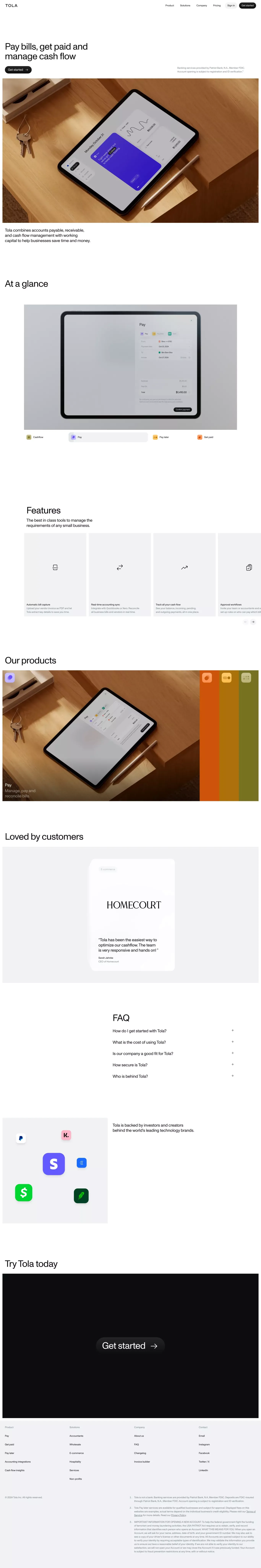 Tola - Accounts payable, accounts receiv landing page screenshot showcasing Finance and Tech design