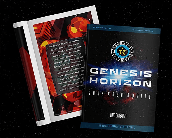 Science fiction book cover and inner pages titled "Genesis Horizon" with futuristic designs, featuring bold typography and a space-themed background.