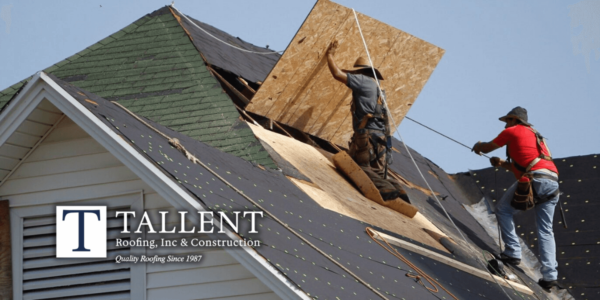 "Tallent Roofing team performing roof repairs, showcasing their expertise in storm damage restoration with reliable, professional service in Texas."